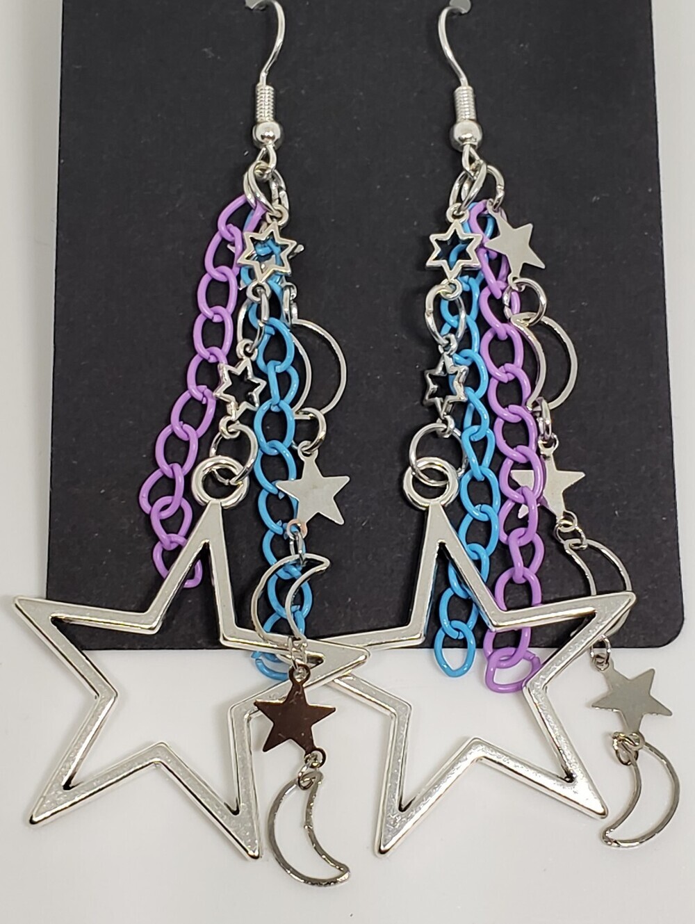 Handmade Blue Purple Silver Galaxy Metal Chain Star Earrings